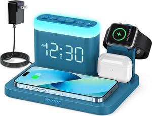 Wireless Charging Station with Alarm Clock & 7 Colors Night Light - 5 in 1 Charger Docking for iPhone 14/13/12/11/Pro/Max/XR/XS/8 Plus, Apple Watch 8/7/6, AirPods Pro/3/2/1