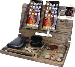 BarvA Wood Docking Station Foldable Nightstand Organizer Side Table 2 Phone Wallet Watch Stand Key Holder Tablet Charging Dock Desk Accessories Farmhouse Decor EDC Bedside Caddy Birthday Gifts for Men