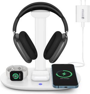 Headphone Stand with 15w Wireless Charger, Suguder 4 in 1 Charging Station Headset Holder for AirPods Max/Pro/2/3 iWatch 9/8/7/6/5/4/3/2/1/SE iPhone 15/14/13/12/11/XS/XR/X for Desktop Table Game