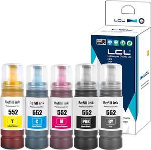 LCL Compatible for 552 T552 T552120 T552220 T552320 T552420 T552520 T552920 (5-Pack, Photo Black Cyan Magenta Yellow Grey) Ink Bottle for ET-8500 ET-8550