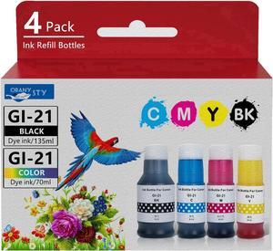 Compatible GI-21 G21 Ink Bottles Refills Kit,High Yield,Dye Ink for Canon PIXMA G5020 G6020 G5030 G5040 G6040 G3260 G2260 G1220 MegaTank Printer,135mL Black Ink 70mL Cyan Magenta Yellow,4 Pack