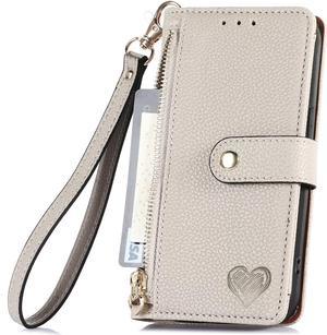 Miagon Zipper Wallet Case for iPhone 14,Magnetic Flip PU Leather Heart Cover with 7 Card Holder Slots Zipper Pocket Kickstand Handbag Case