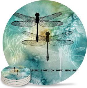 Ink Dtyle Dragonfly Painting Drink Coasters Absorbent Natural Ceramic Stone Bar Coasters Set of 6 - Cup Mat with Cork Backingfor Home Kitchen Decorations Love is A Nature Angel On Your Shoulder