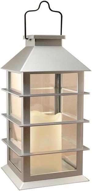 Solar Powered Lantern with LED Candle - Sliver