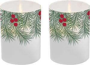 Battery Operated LED Glass Candles with Moving Flame, Green Pines - Set of 2