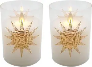 Battery Operated Glass LED Candles with Moving Flame, Mosaic Sun - Set of 2