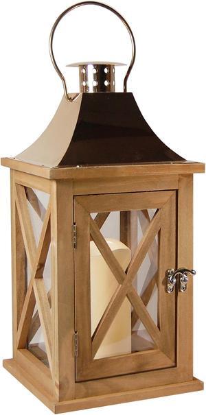 Wooden Lantern with Battery Operated Candle - Natural with Copper Roof