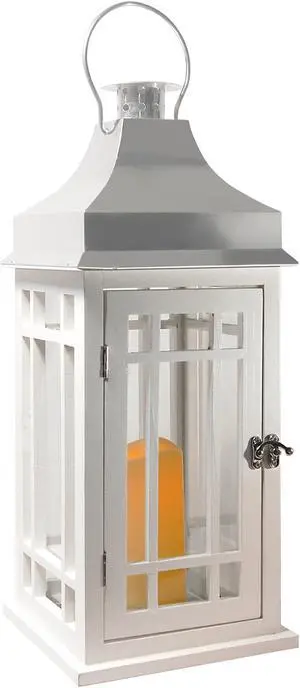 Wooden Lantern with Battery Operated Candle - White with Chrome Roof