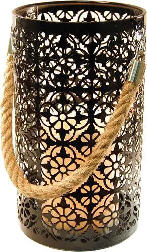 Metal Lantern with Battery Operated Candle - Black Jacquard