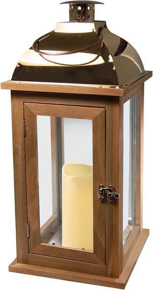 Wooden Lantern with Battery Operated Candle - Brown with Copper Roof