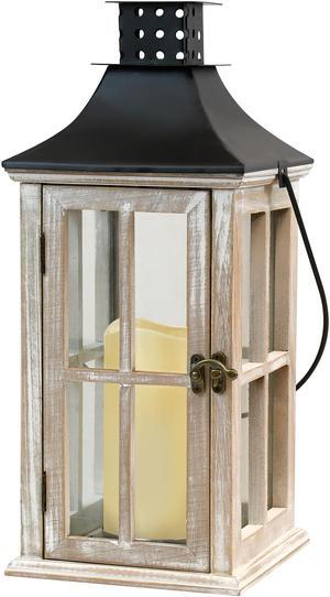 Wooden Lantern with Battery Operated Candle - White Washed with Black Roof