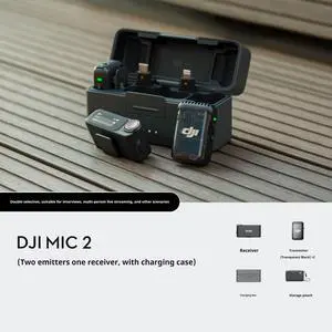 DJI Mic2 (2TX+1RX+Charging Case), Wireless Lavalier Microphone, Intelligent Noise Cancellation, 32-bit Internal Floating Recording, 820 Ft. Range, Microphone for IPhone, Android