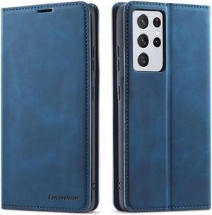 BONAEVER For Samsung Galaxy S21 Ultra 6.8 Inch Case PU Leather Cover TPU Bumper with Card Holder Stand and Magnetic Shockproof Flip Wallet Cover Blue