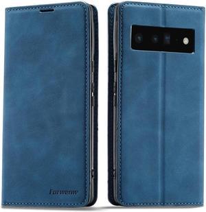 BONAEVER Case for Google Pixel 6 5G 6.4 inch Premium PU Leather Cover with Card Holder Stand and Shockproof Flip Wallet Cover Blue