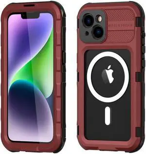 BONAEVER For iPhone 14 6.1 inch Waterproof Case MagSafe Compatible Built-in Screen Protector IP68 Underwater Du Standproof 360 Shockproof Protective Cover Red