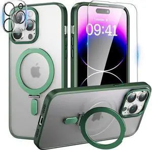 For iPhone 14 Pro Case with Magnetic Invisible Stand [Compatible with Magsafe] [Tempered Glass Screen Protector + Camera Lens Protector] Shockproof Slim Translucent Matte Cases for iPhone 14 Pro 6.1"