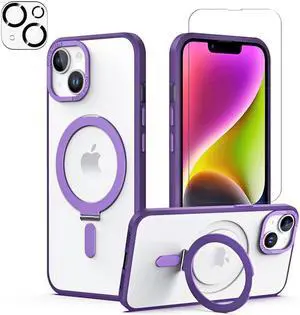 For iPhone 14 / iPhone 13 6.1 inch Case with Magnetic Invisible Stand [Compatible with Magsafe] Shockproof Slim Translucent Matte Cover [Tempered Glass Screen Protector + Camera Lens Protector]
