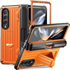 BONAEVER Case for Samsung Galaxy Z Fold 4 2022 5G Military-Grade Full-Body Shockproof Rugged Bumper Case Cover with Built-in Screen Protector & Stand and & S Pen Slot Orange