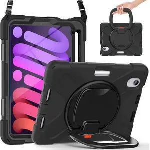BONAEVER Case for iPad mini 7 (A17 Pro) 2024 / Mini 6 2021 8.3 inch with Rotating Stand / Hand Strap / Shoulder Strap / Pencil Holder Shockproof Kids Cover for iPad Mini 6th Generation 8.3 inch