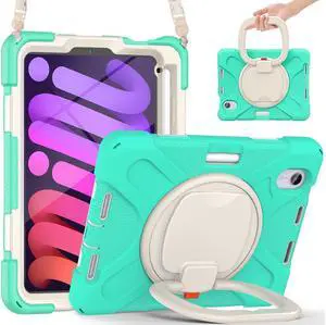 Case for iPad mini 7 (A17 Pro) 2024 / Mini 6 2021 8.3 inch with Rotating Stand / Hand Strap / Shoulder Strap / Pencil Holder Shockproof Kids Cover for iPad Mini 6th Generation 8.3 inch