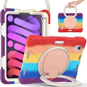 Case for iPad mini 7 (A17 Pro) 2024 / Mini 6 2021 8.3 inch with Rotating Stand / Hand Strap / Shoulder Strap / Pencil Holder Shockproof Kids Cover for iPad Mini 6th Generation 8.3 inch