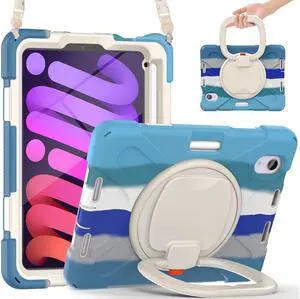 Case for iPad mini 7 (A17 Pro) 2024 / Mini 6 2021 8.3 inch with Rotating Stand / Hand Strap / Shoulder Strap / Pencil Holder Shockproof Kids Cover for iPad Mini 6th Generation 8.3 inch