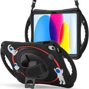 BONAEVER Cute Case for Apple iPad 10th Generation 10.9 inch 2022 Shockproof Silicone A Standronaut Cover with Stand Shoulder Strap Handle Grip Pencil Holder