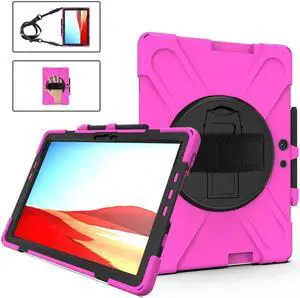 BONAEVER For Microsoft Surface Pro X 13 inch Case Shockproof Protective Cover with Pen Holder Hand Strap Rotating Stand and Shoulder Strap