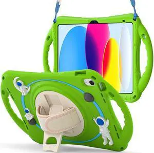 BONAEVER Cute Case for Apple iPad 10th Generation 10.9 inch 2022 Shockproof Silicone A Standronaut Cover with Stand Shoulder Strap Handle Grip Pencil Holder Green