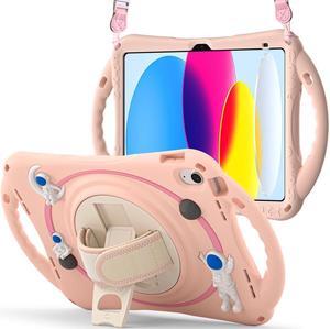 BONAEVER Cute Case for Apple iPad 10th Generation 10.9 inch 2022 Shockproof Silicone A Standronaut Cover with Stand Shoulder Strap Handle Grip Pencil Holder Pink