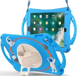BONAEVER Cute Case for iPad 6th 5th Generation 9.7 inch 2018 2017 iPad Air 2 Air 1 iPad Pro 9.7 Shockproof Silicone A Standronaut Cover with Stand Shoulder Strap Handle Grip Pencil Holder Blue