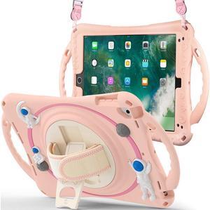 BONAEVER Cute Case for iPad 6th 5th Generation 9.7 inch 2018 2017 iPad Air 2 Air 1 iPad Pro 9.7 Shockproof Silicone A Standronaut Cover with Stand Shoulder Strap Handle Grip Pencil Holder Pink