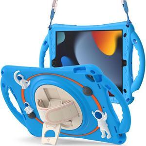 Cute Case for iPad 9th 8th 7th Generation 10.2", Shockproof Silicone Astronaut Cover with Stand, Shoulder Strap, Handle Grip, Pencil Holder for iPad 10.2 Inch 2021 2020 2019,iPad Pro 10.5, Air 3 Blue