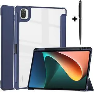 BONAEVER Case For Xiaomi Pad 5 / Pad 5 Pro 11 Inch Transparent Hard Back Cover Trifold Smart Stand Cover with Pen Holder Stylus Pen Auto Wake/Sleep