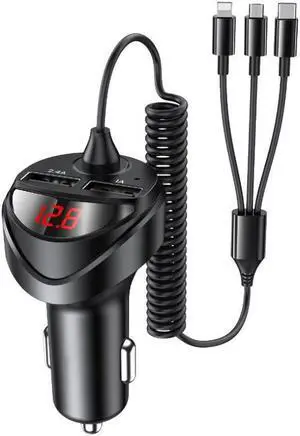 BONAEVER 3 in 1 3.4A Dual USB Car Charger With Spring Cable Dual USB Fast Charger Type C PD Car Charging