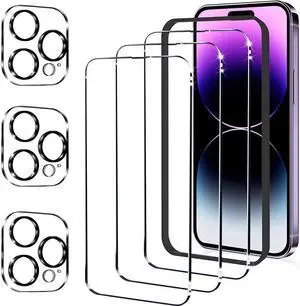 BONAEVER [3+3 Pack] iPhone 14 Pro 6.1 Inch Screen Protector with Camera Lens Protector 9H Shatterproof Tempered Glass Film with Easy In Standallation Frame