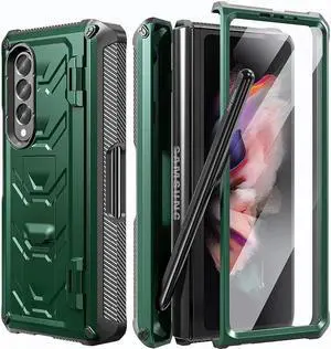 BONAEVER For Samsung Galaxy Z Fold 3 5G Case with S Pen Holder Built-in Stand Screen Protector Camera & Hinge Protection 360° Protection Phone Cover