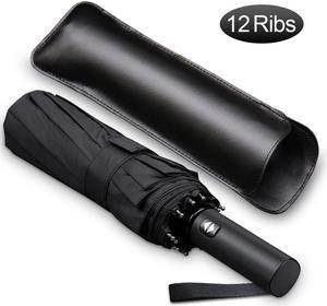 BONAEVER 12 Ribs Windproof Travel Umbrella with Auto Open Close Button Compact Protection from Rain Free Upscale Leather Cover