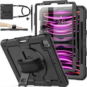 BONAEVER Case for iPad Pro 12.9 inch 2022 2021 2020 2018 Shockproof Cover with Screen Protector Pen Holder Stand and Shoulder Strap Stylus Pen