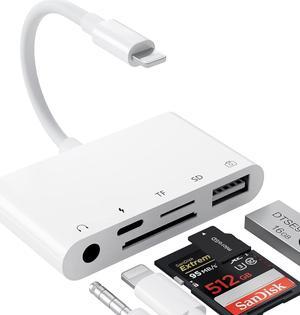 SD Card Reader USB Camera Adapter to iPhone,5 in 1 USB OTG Camera Connection Kits Adapter with SD TF Card Reader and 3.5mm Headphone Jack and Charging Adapter for iPhone 14 13 Pro/iPad with iOS 15