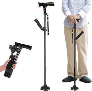 BONAEVER Folding Cane witHandled Light Adjustable Canes Walking Sticks for Seniors Walking Cane Stick for Men Women with Cushion 2 T Handle Pivoting Quad Base for Arthritis Disabled Elderly