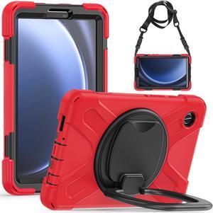 BONAEVER Case for Samsung Galaxy Tab A9 8.7 Inch 2023 SM-X110/SM-X115/SM-117 Rugged Military Grade Shockproof Cover with Rotatable Stand and Strap Shoulder Strap Pencil Holder Red