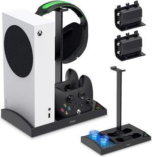 Upgraded Cooling Stand for Xbox Series S Console with Controller Charging Station - Dual Powerful Cooling Fan & Controller Charger Dock with 2 x 1400mAh Rechargeable Batteries, Headset Holder for XSS