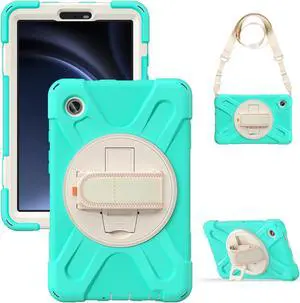 BONAEVER Shockproof Case for Samsung Galaxy Tab A9 Case 8.7 Inch 2023 SM-X110/SM-X115/SM-117 with Pen Holder & 360 Rotating Hand Strap/Shoulder Strap Stand and Protective Cover Mint Green