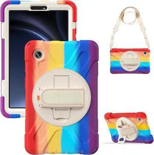 BONAEVER Shockproof Case for Samsung Galaxy Tab A9 Case 8.7 Inch 2023 SM-X110/SM-X115 / SM-117 with Pen Holder & 360 Rotating Hand Strap/Shoulder Strap Stand and Protective Cover Rainbow Red
