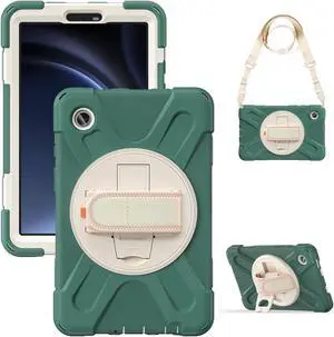 BONAEVER Shockproof Case for Samsung Galaxy Tab A9 Case 8.7 Inch 2023 SM-X110/SM-X115/SM-117 with Pen Holder & 360 Rotating Hand Strap/Shoulder Strap Stand and Protective Cover Dark Green