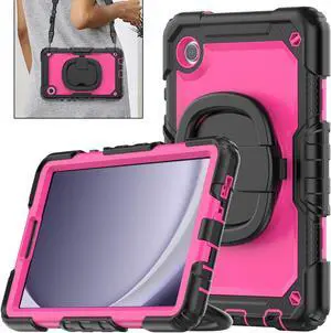 BONAEVER Case for Samsung Galaxy Tab A9 Case 8.7 inch 2023 (SM-X110/X115/X117) with Built-in Screen Protector 360° Rotating Stand and Strap&Shoulder Strap Case for Galaxy Tab A9 2023 Rose Red