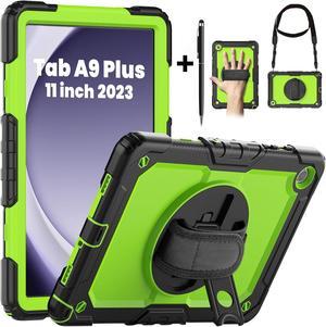 BONAEVER Case for Samsung Galaxy Tab A9 Plus Case 11 inch 2023 SM-X210/X216/X218 Shockproof Protective Cover with Screen Protector Rotating Stand and /Shoulder Strap Pen Holder Green