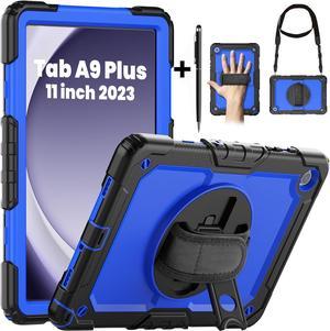 BONAEVER Case for Samsung Galaxy Tab A9 Plus Case 11 inch 2023 SM-X210/X216/X218 Shockproof Protective Cover with Screen Protector Rotating Stand and /Shoulder Strap Pen Holder Blue