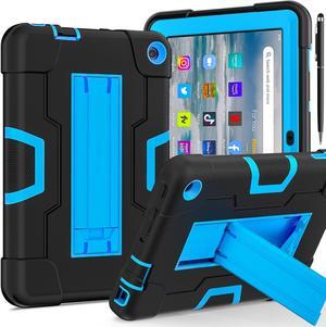 BONAEVER Case for Amazon Fire 7 12th Gen 2022 Release with Kickstand, Heavy Duty Shockproof Protective Cover with Stylus Pen Blue